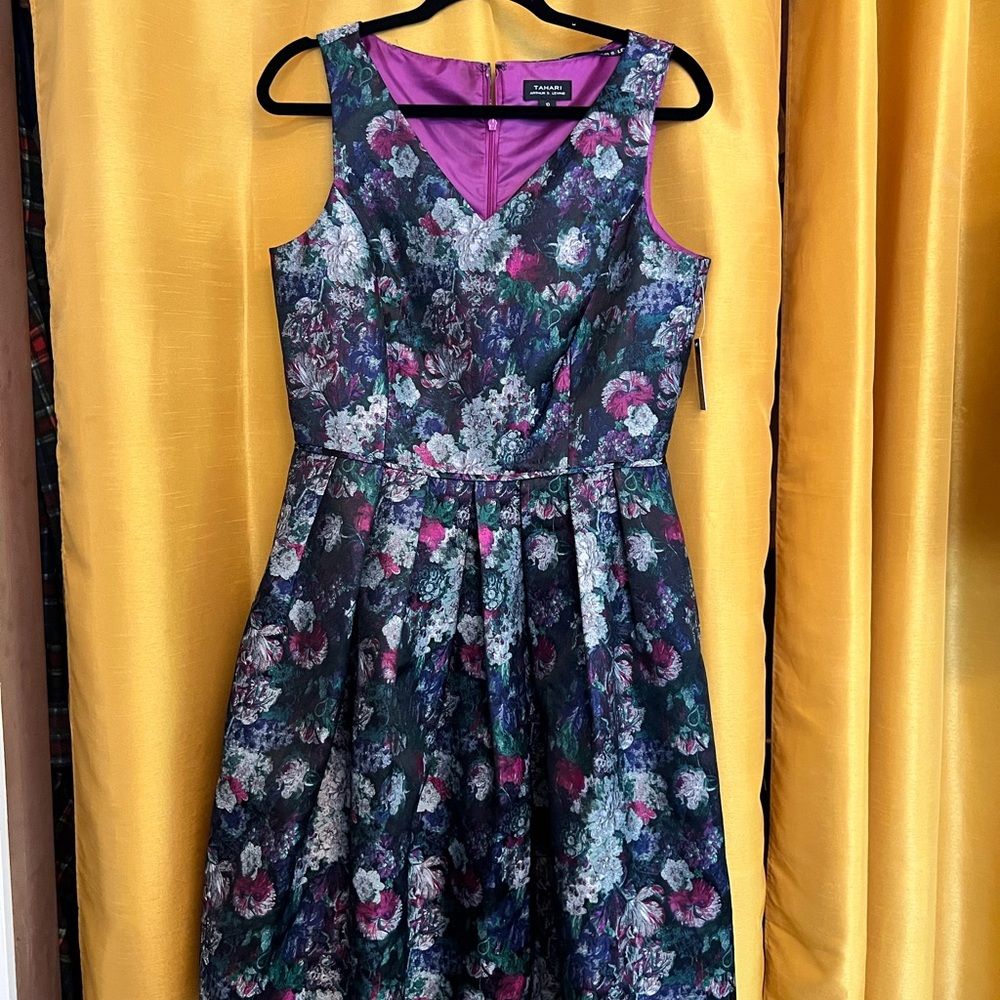 Tahari ASL Blue and Black A-Line Midi Dress Scoop Neck Sleeveless